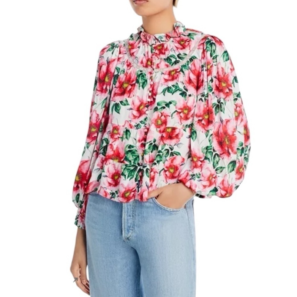 Alice and Olivia - Jaclyn Puff Sleeve Lace Trim Floral Ruffle Blouse Sz XS